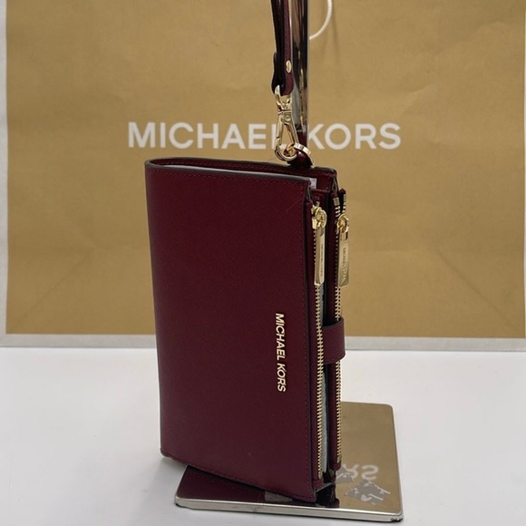 Michael Kors Jet Set Travel LG Double Zip Wristlet Wallet  Leather Dark Cherry - Picture 12 of 16